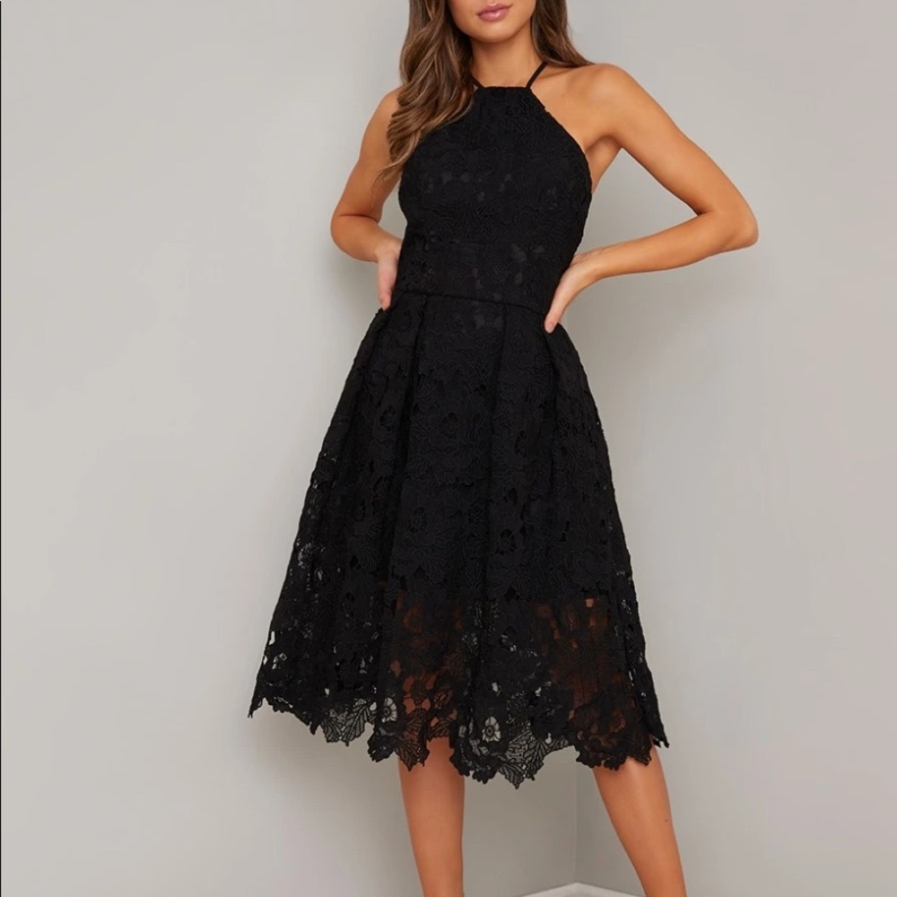 Chi Chi London Crochet Racer Neckline Dress Black